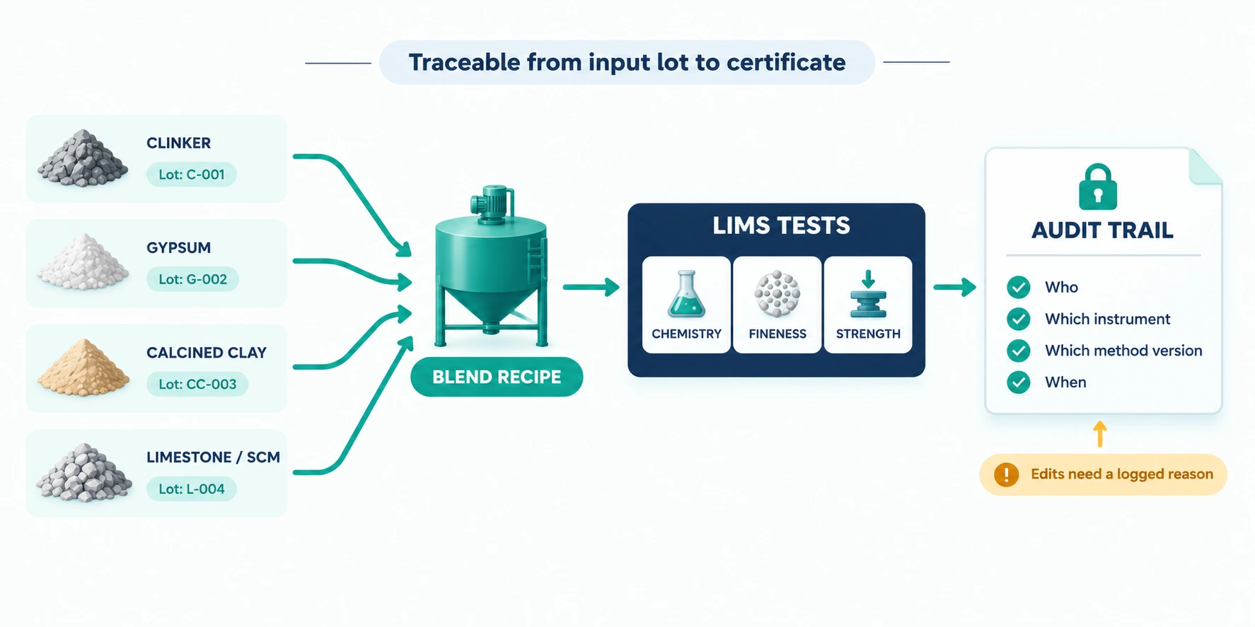 Low-carbon cement blend traceability and LIMS audit trail for calcined clay and blended cements
